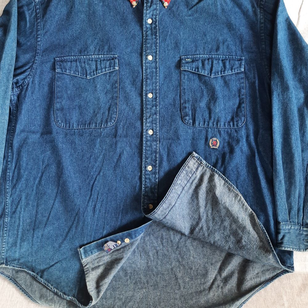 Tommy Hilfiger Men XL Western Cotton Lined Plaid Button Shirt Blue Denim Jackets